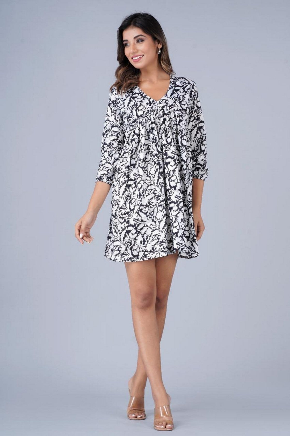 Women’s Black & White Printed Short A-Line Dress – Lightweight Casual Wear with 3/4 Sleeves Akrish