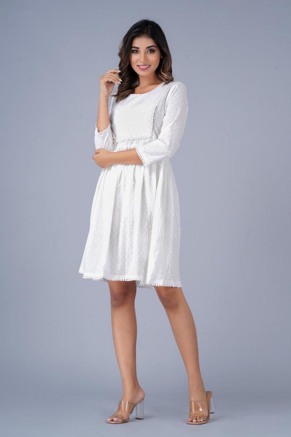 Women’s White Swiss-Dot Fit & Flare Dress with Lace Detailing Akrish