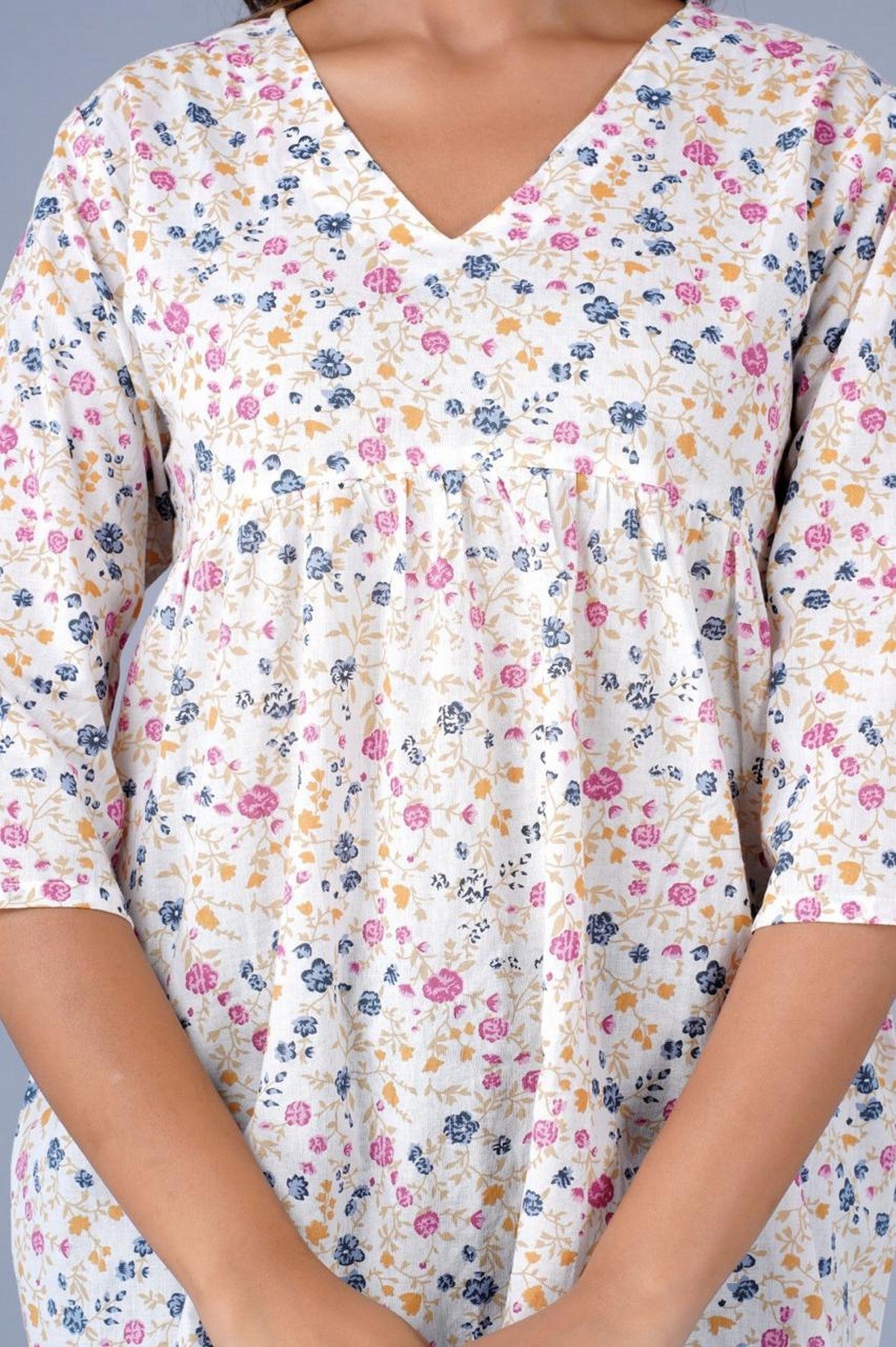 Women’s White Multicolor Floral Printed Peplum Top – Soft Cotton Top with 3/4 Sleeves Akrish