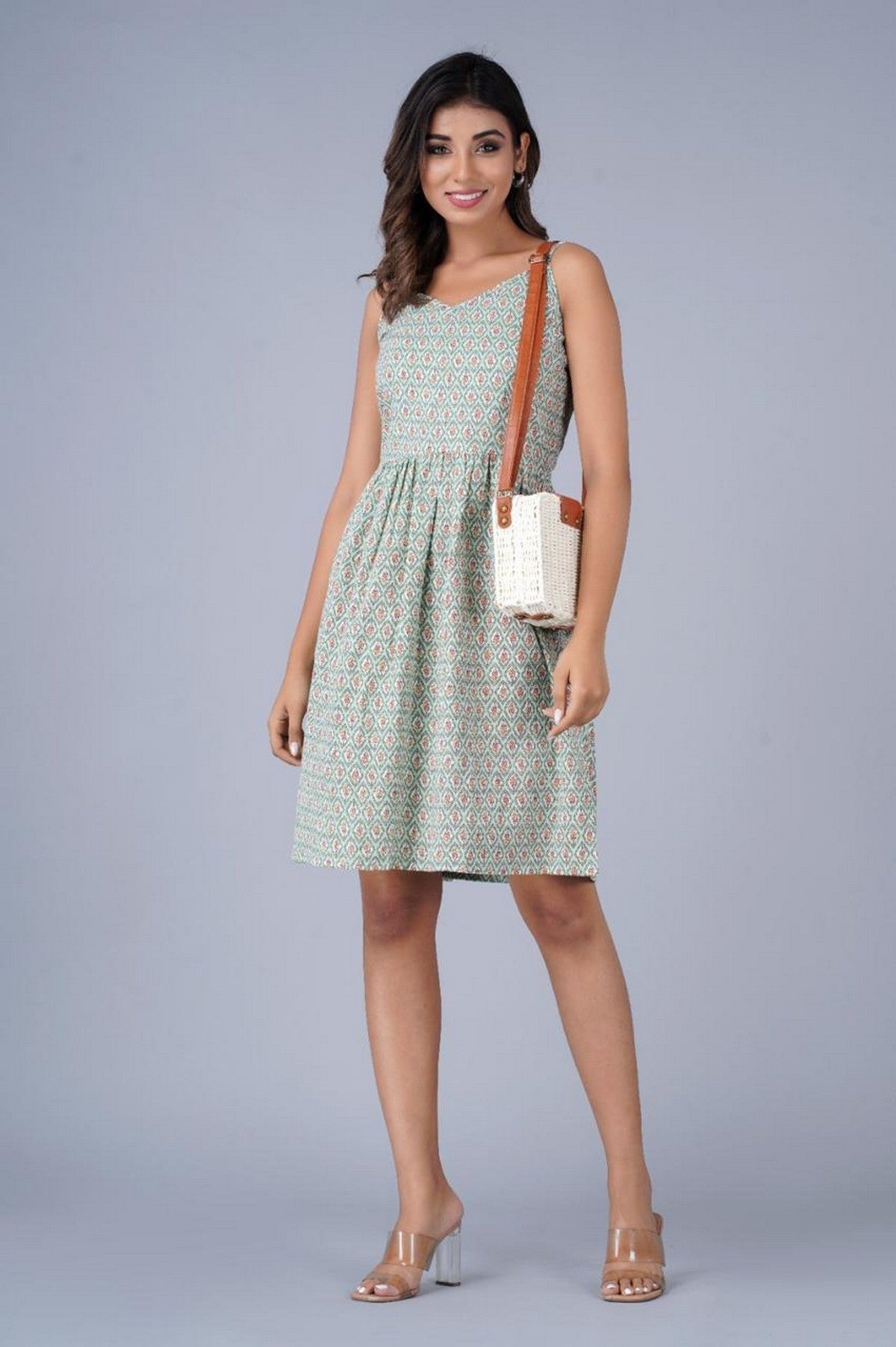 Women’s Green Geometric Print Sleeveless Fit & Flare Dress Akrish