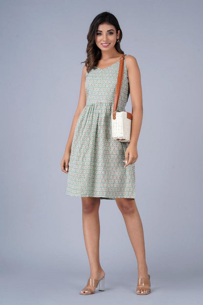 Women’s Green Geometric Print Sleeveless Fit & Flare Dress Akrish