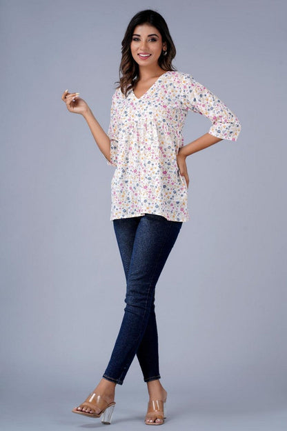 Women’s White Multicolor Floral Printed Peplum Top – Soft Cotton Top with 3/4 Sleeves Akrish