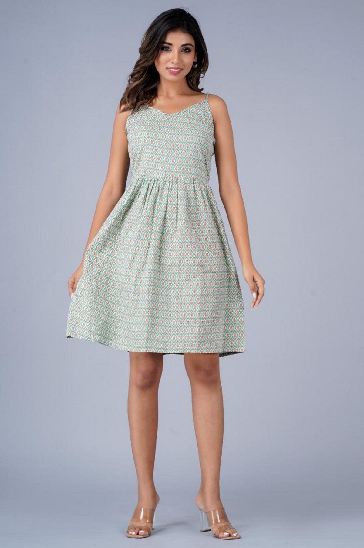 Women’s Green Geometric Print Sleeveless Fit & Flare Dress Akrish