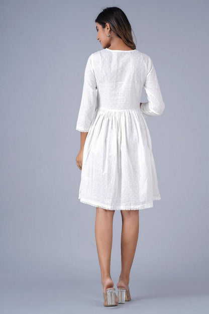Women’s White Swiss-Dot Fit & Flare Dress with Lace Detailing Akrish