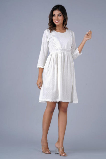 Women’s White Swiss-Dot Fit & Flare Dress with Lace Detailing Akrish