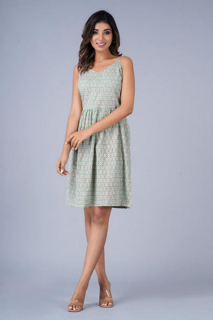 Women’s Green Geometric Print Sleeveless Fit & Flare Dress Akrish