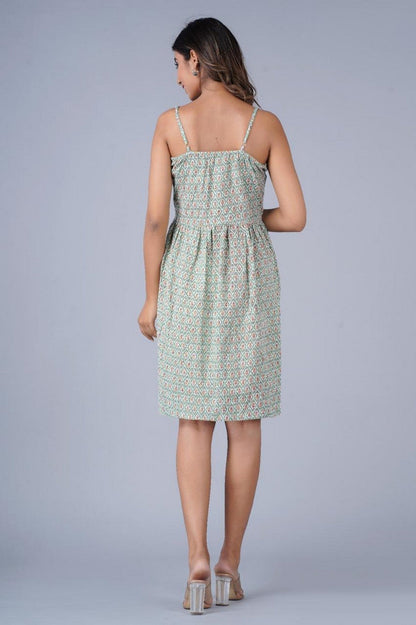 Women’s Green Geometric Print Sleeveless Fit & Flare Dress Akrish