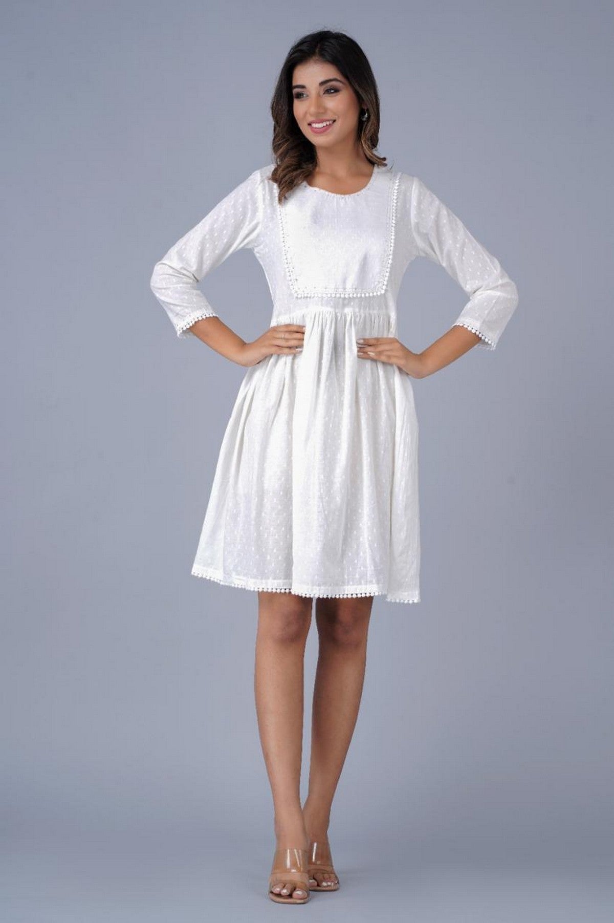 Women’s White Swiss-Dot Fit & Flare Dress with Lace Detailing Akrish