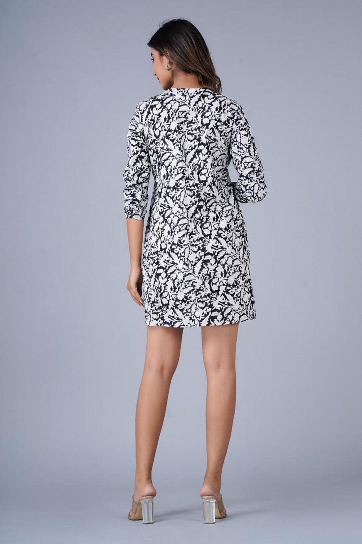 Women’s Black & White Printed Short A-Line Dress – Lightweight Casual Wear with 3/4 Sleeves Akrish