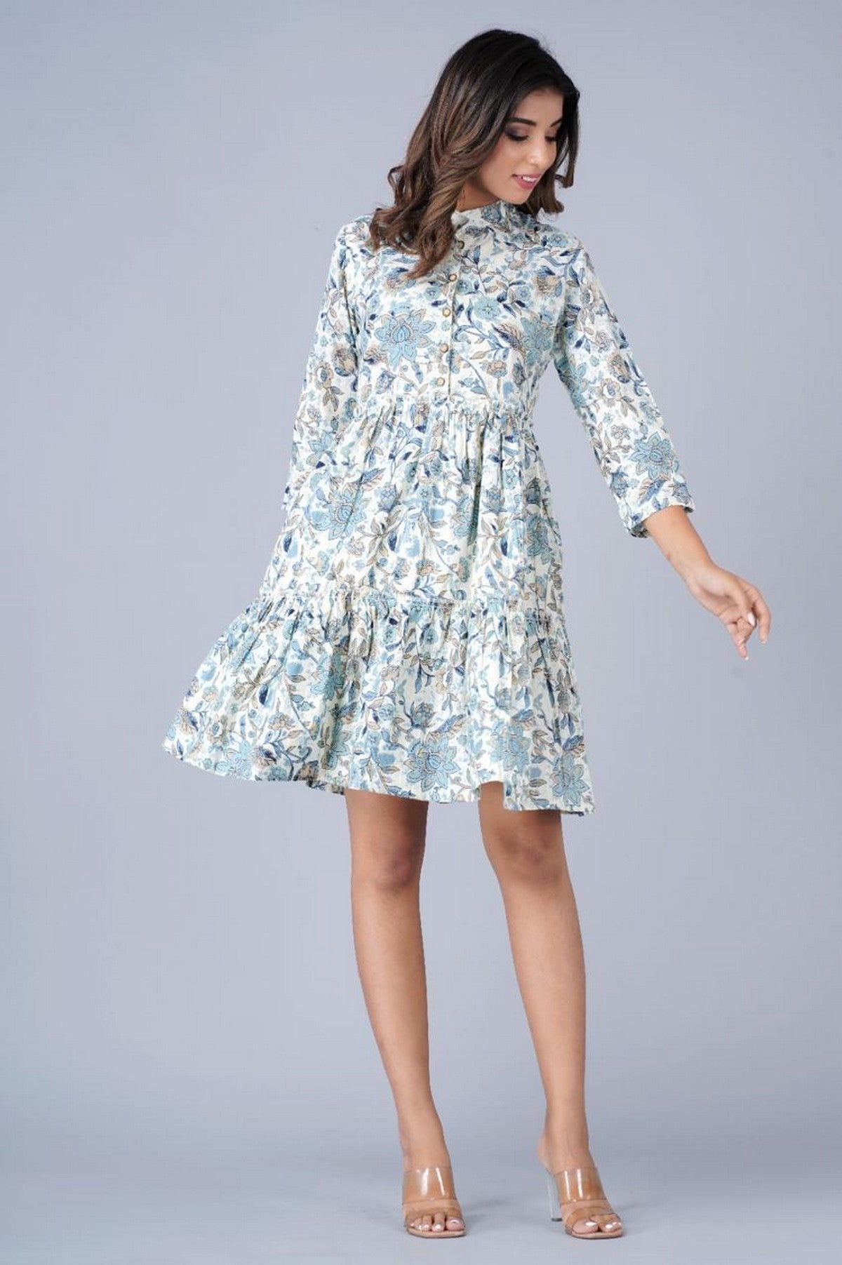 Women’s Blue Floral Printed Tiered Dress with Button-Down Front & Mandarin Collar – Cotton Casual Dress Akrish