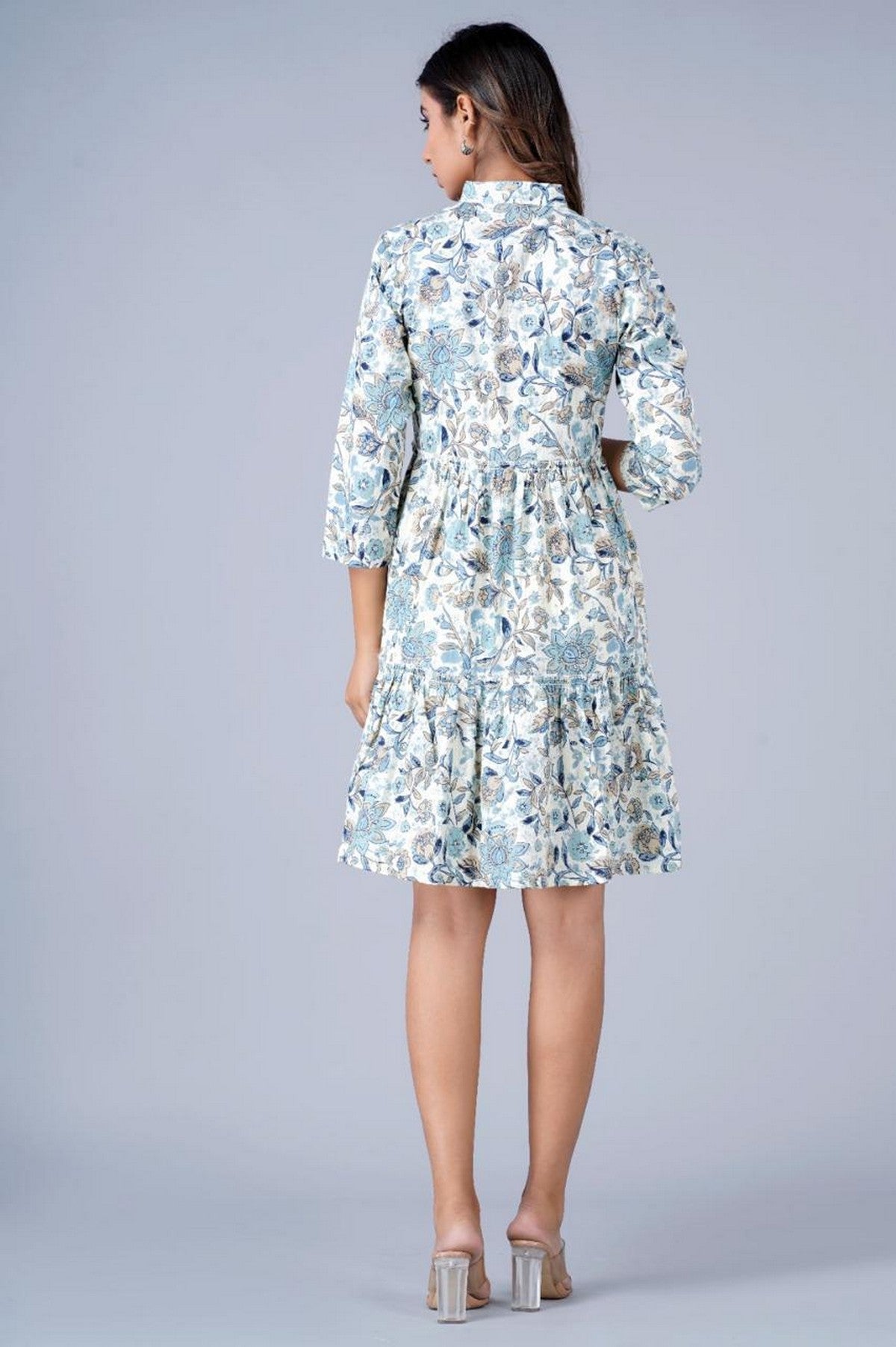 Women’s Blue Floral Printed Tiered Dress with Button-Down Front & Mandarin Collar – Cotton Casual Dress Akrish