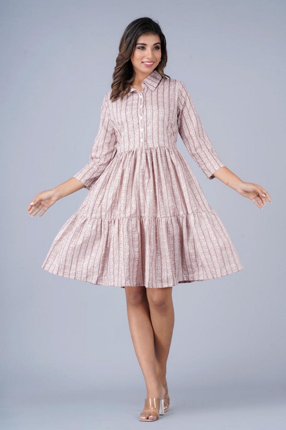 Women’s Pink Printed Tiered Shirt Dress Akrish