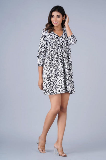 Women’s Black & White Printed Short A-Line Dress – Lightweight Casual Wear with 3/4 Sleeves Akrish