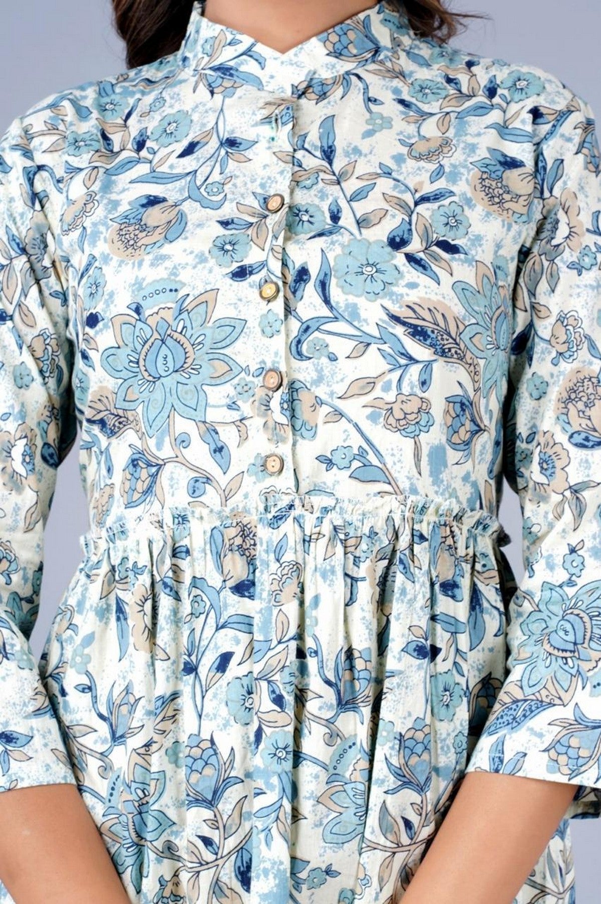 Women’s Blue Floral Printed Tiered Dress with Button-Down Front & Mandarin Collar – Cotton Casual Dress Akrish