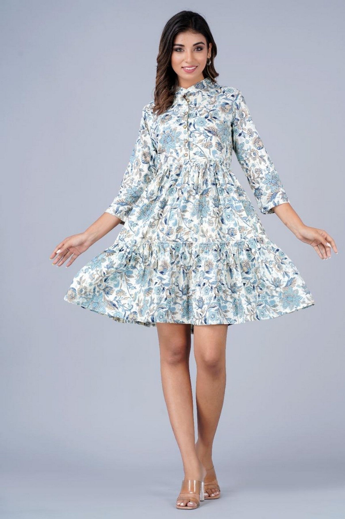 Women’s Blue Floral Printed Tiered Dress with Button-Down Front & Mandarin Collar – Cotton Casual Dress Akrish