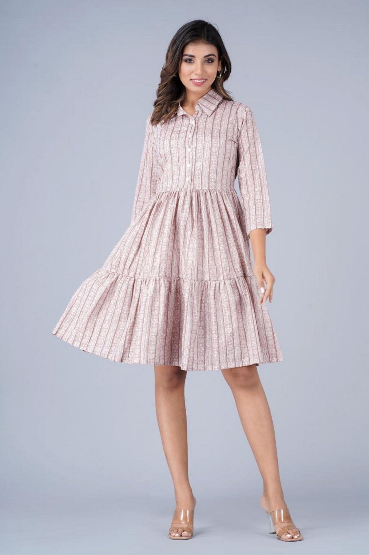 Women’s Pink Printed Tiered Shirt Dress Akrish