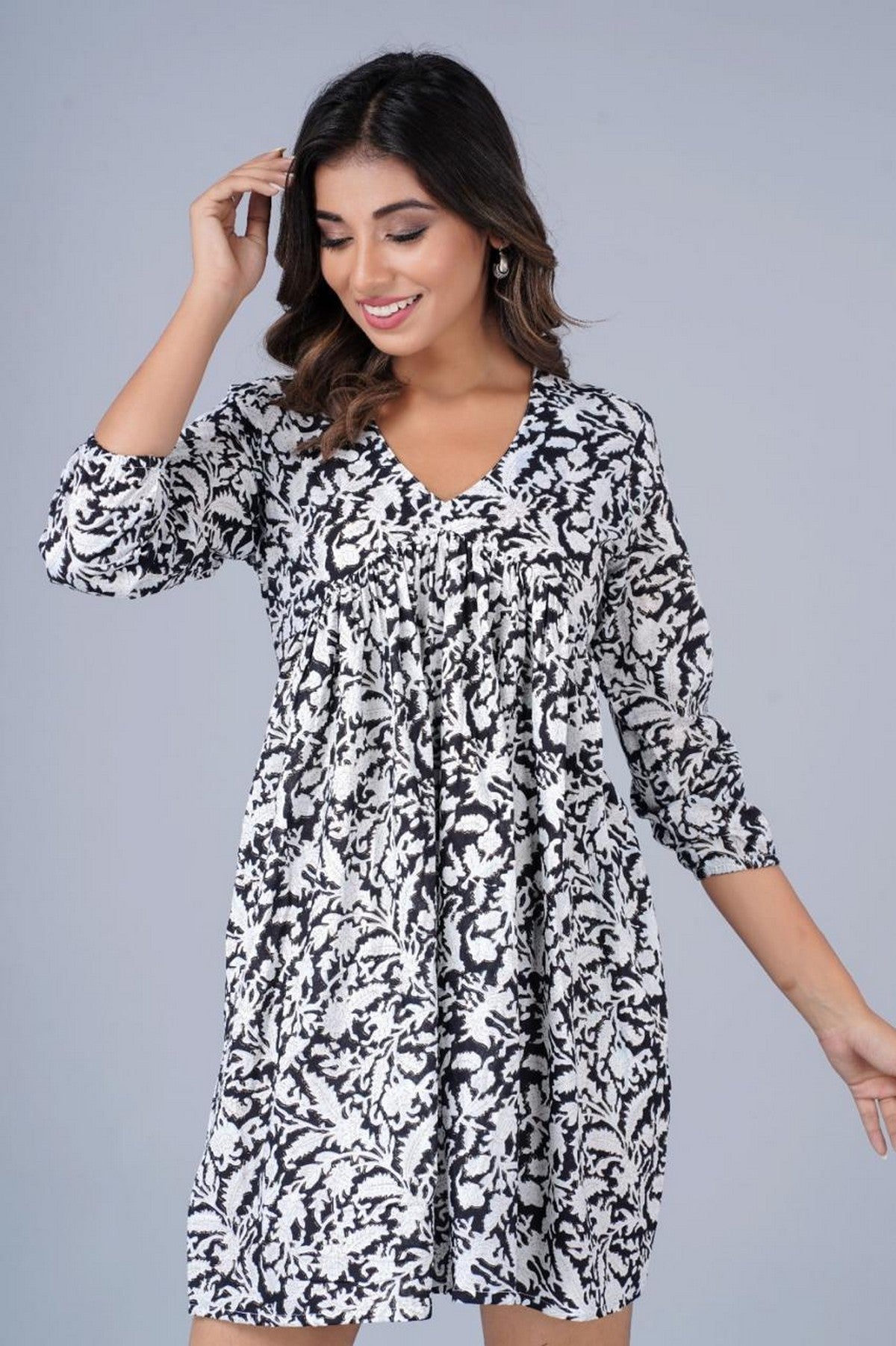 Women’s Black & White Printed Short A-Line Dress – Lightweight Casual Wear with 3/4 Sleeves Akrish