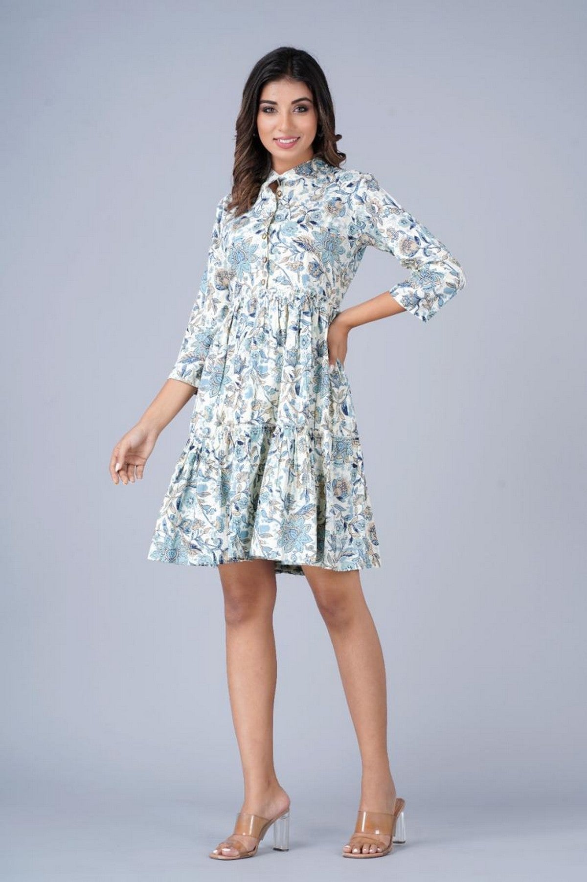Women’s Blue Floral Printed Tiered Dress with Button-Down Front & Mandarin Collar – Cotton Casual Dress Akrish