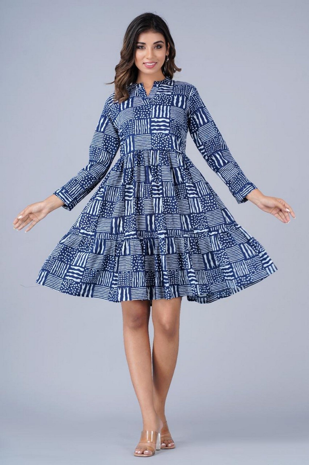 Women’s Navy Blue Abstract Print Tiered A-Line Dress Akrish