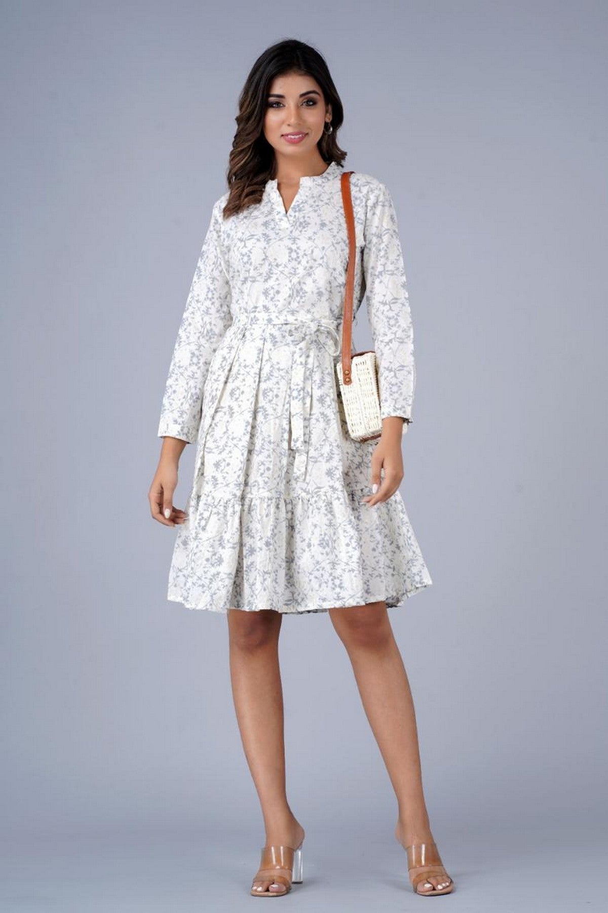 Women’s White & Grey Floral Printed A-Line Fit & Flare Dress with Waist Belt – Cotton Midi Dress Akrish