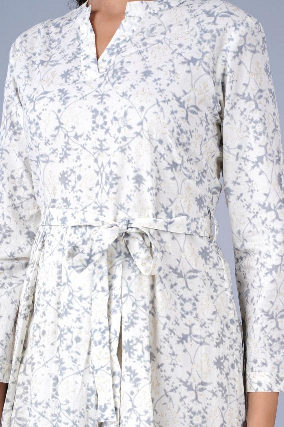 Women’s White & Grey Floral Printed A-Line Fit & Flare Dress with Waist Belt – Cotton Midi Dress Akrish