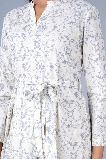 Women’s White & Grey Floral Printed A-Line Fit & Flare Dress with Waist Belt – Cotton Midi Dress Akrish