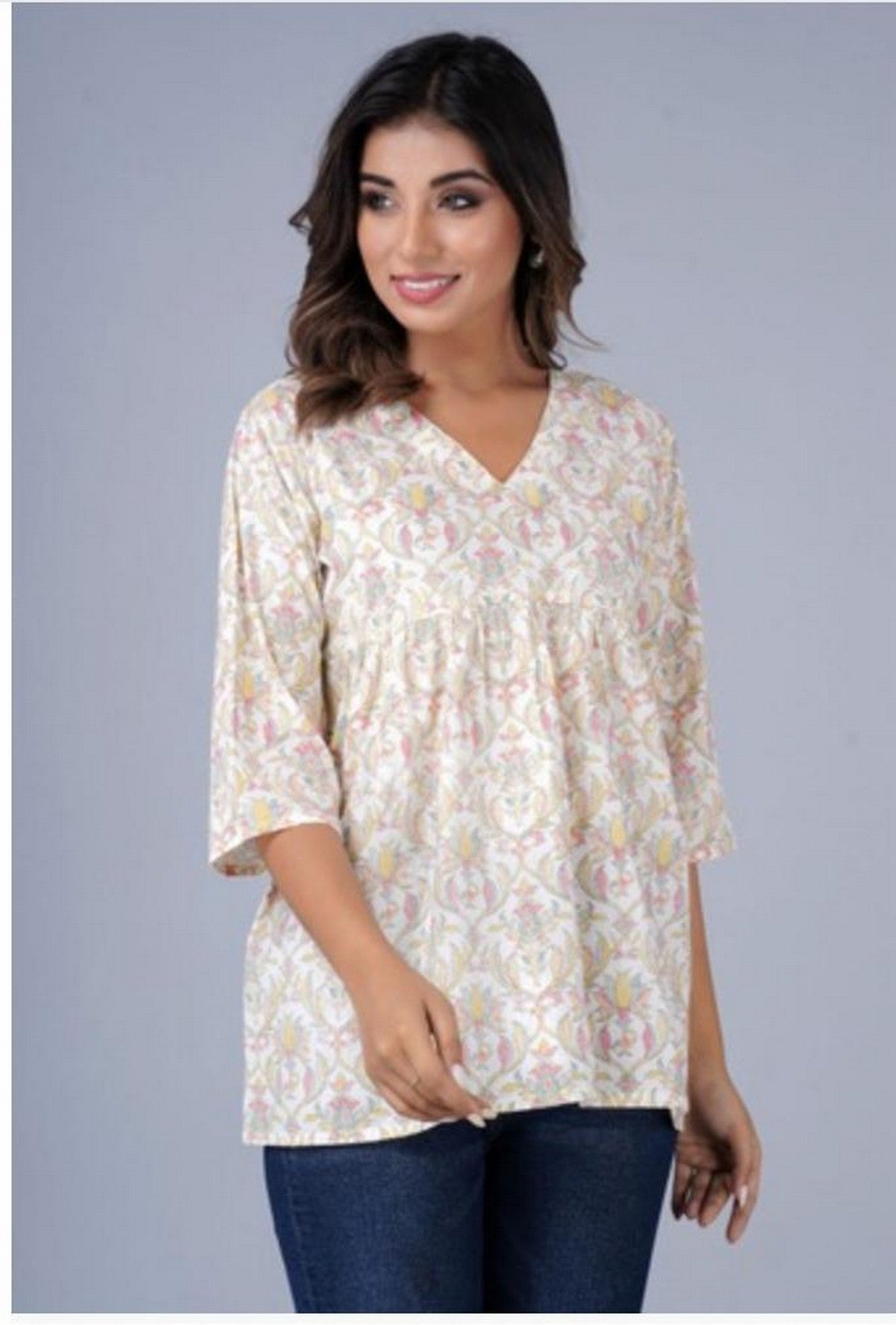 Cream & Pastel Floral A-Line Casual Top Akrish