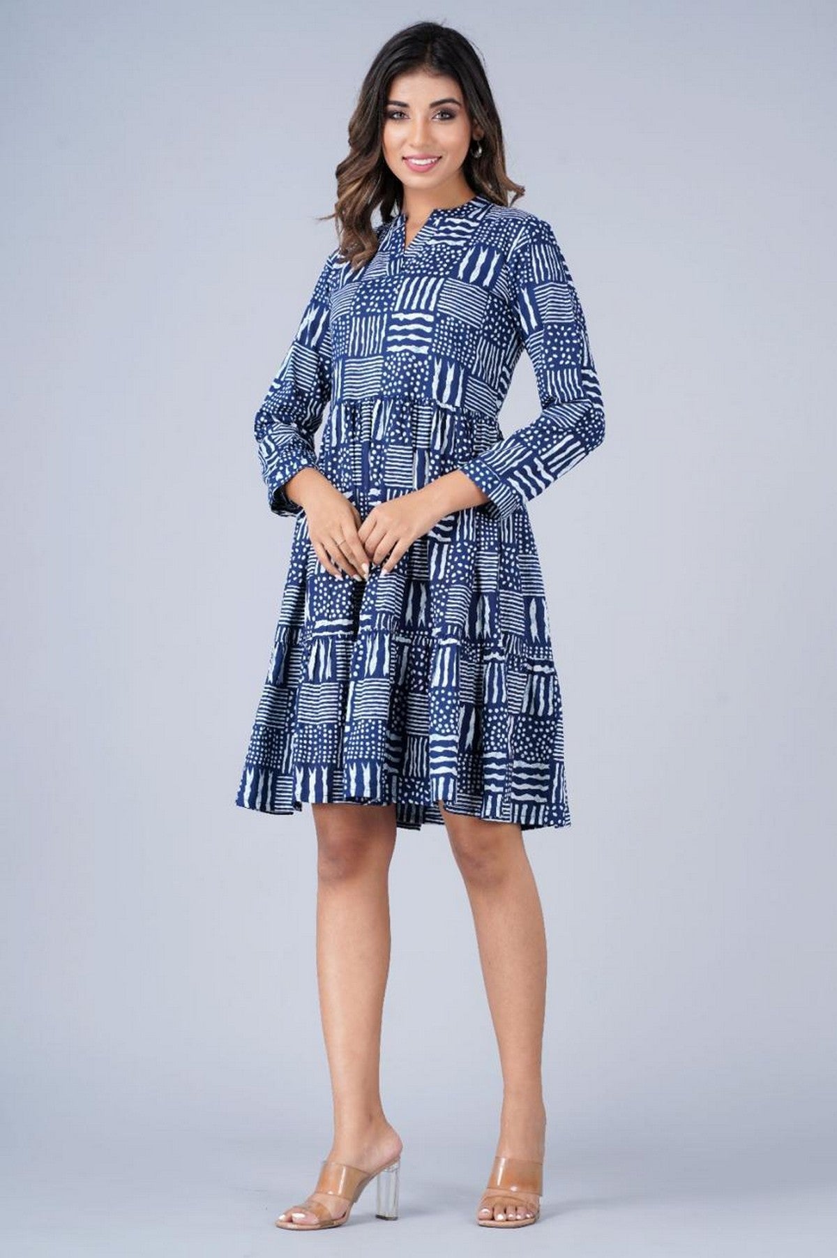 Women’s Navy Blue Abstract Print Tiered A-Line Dress Akrish