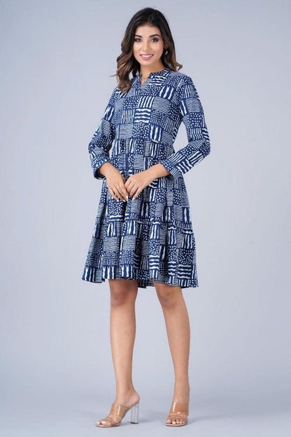 Women’s Navy Blue Abstract Print Tiered A-Line Dress Akrish