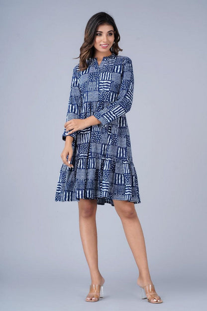 Women’s Navy Blue Abstract Print Tiered A-Line Dress Akrish