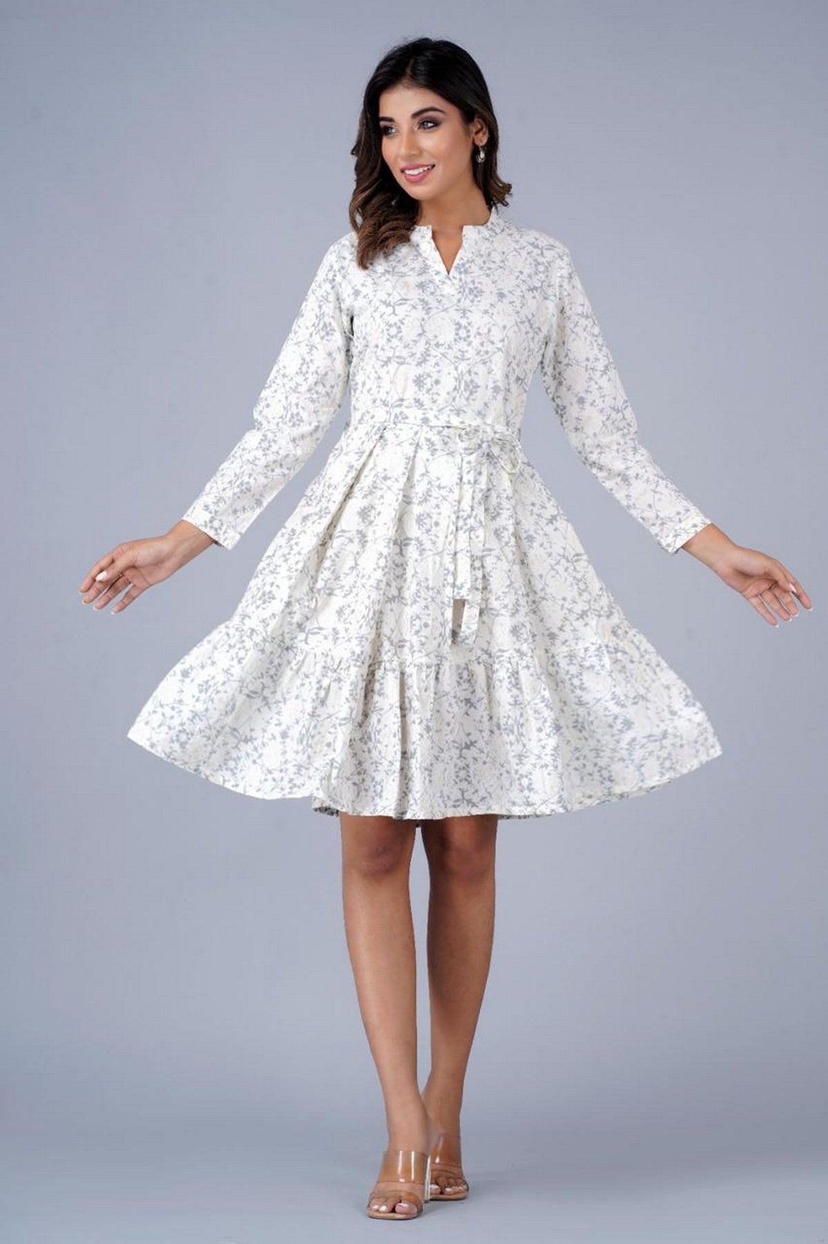 Women’s White & Grey Floral Printed A-Line Fit & Flare Dress with Waist Belt – Cotton Midi Dress Akrish