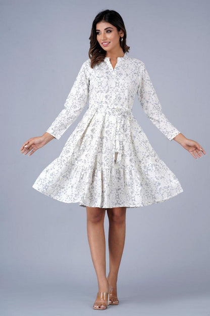 Women’s White & Grey Floral Printed A-Line Fit & Flare Dress with Waist Belt – Cotton Midi Dress Akrish