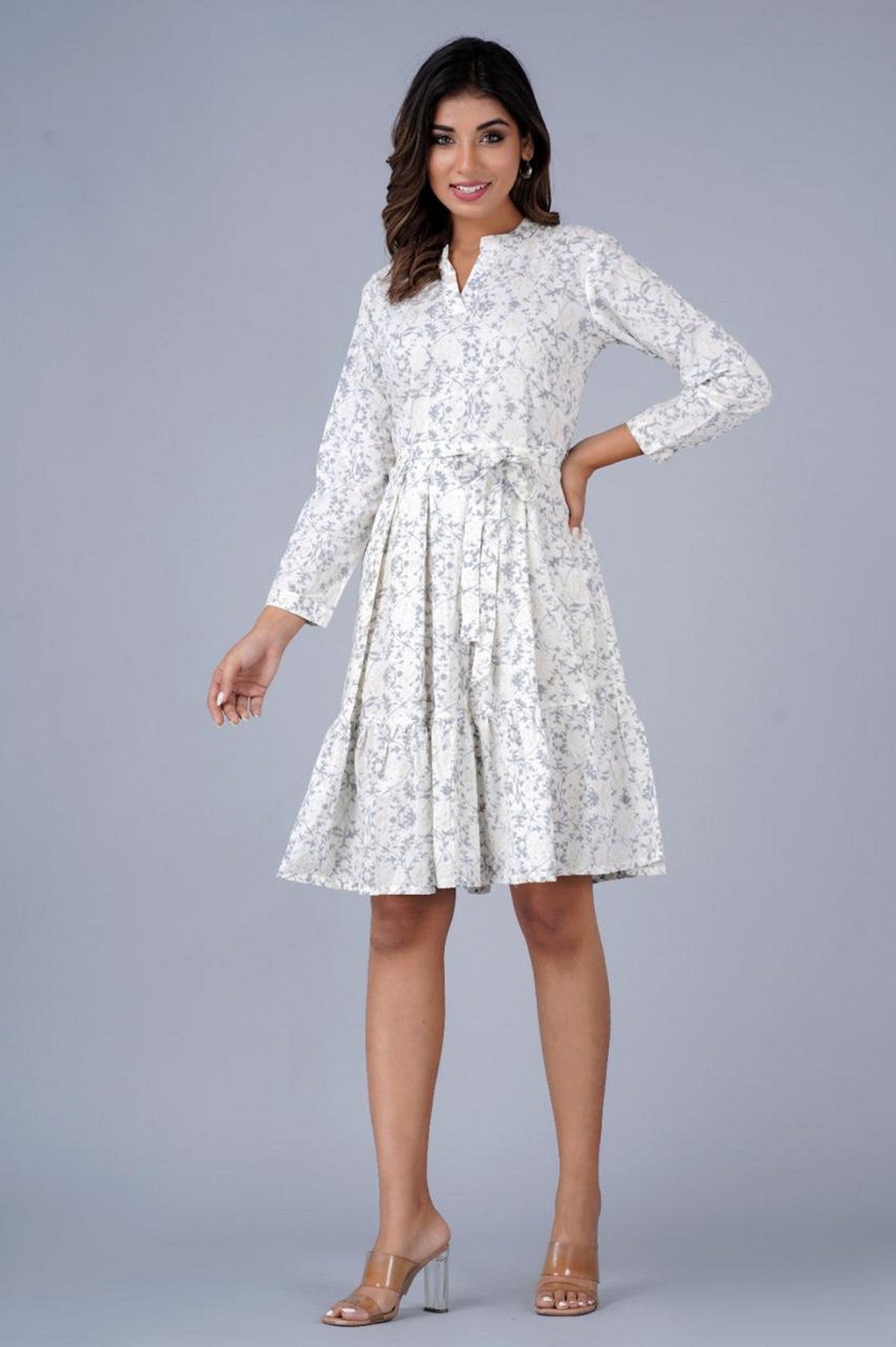 Women’s White & Grey Floral Printed A-Line Fit & Flare Dress with Waist Belt – Cotton Midi Dress Akrish
