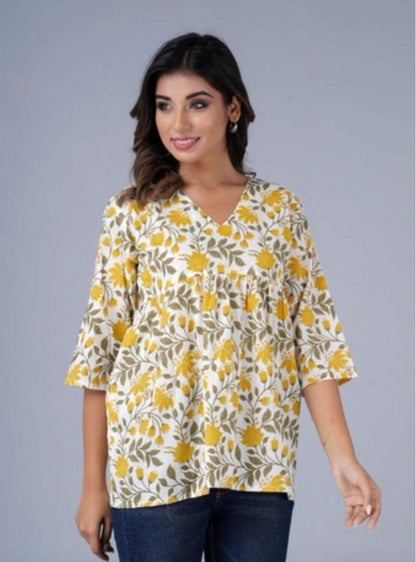 Women’s Yellow Floral Printed Peplum Top – Casual Cotton Top with 3/4 Sleeves Akrish