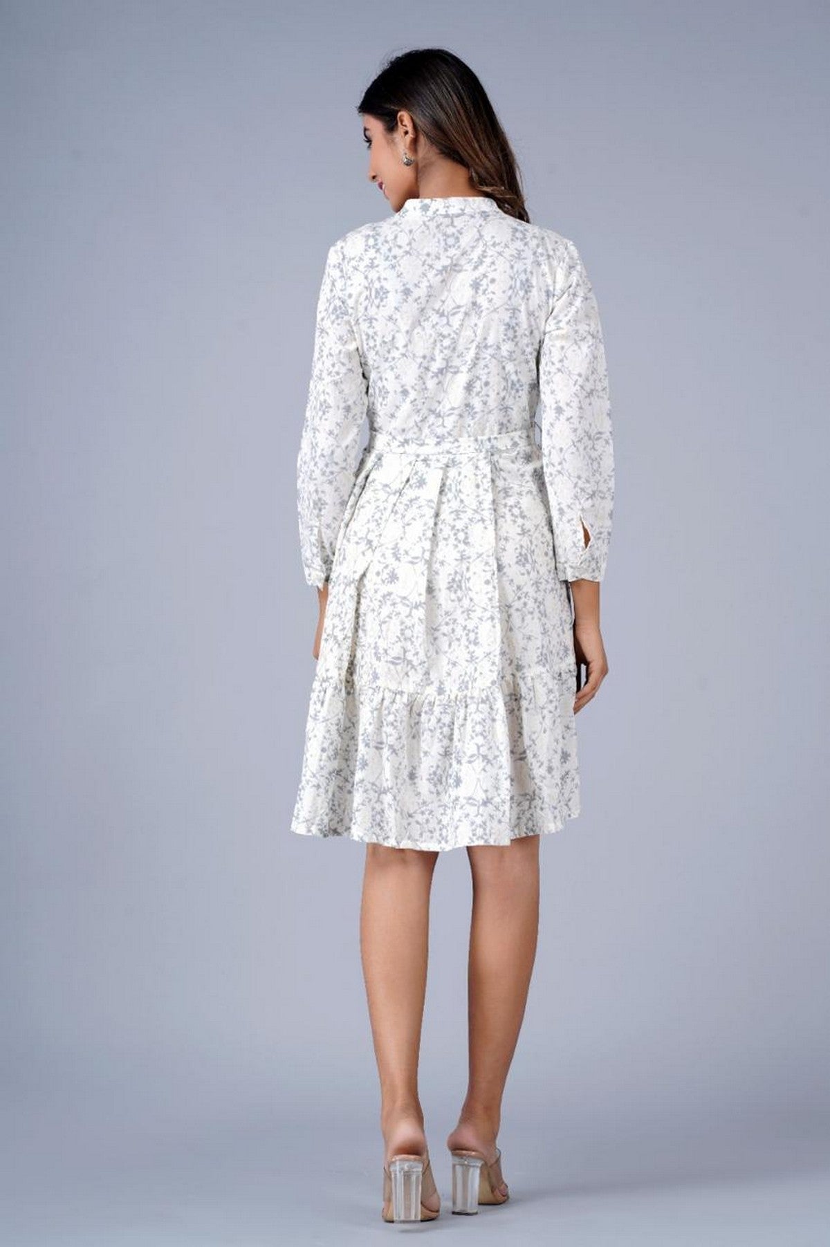 Women’s White & Grey Floral Printed A-Line Fit & Flare Dress with Waist Belt – Cotton Midi Dress Akrish