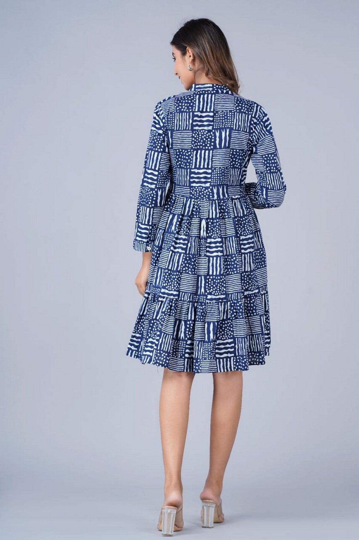 Women’s Navy Blue Abstract Print Tiered A-Line Dress Akrish