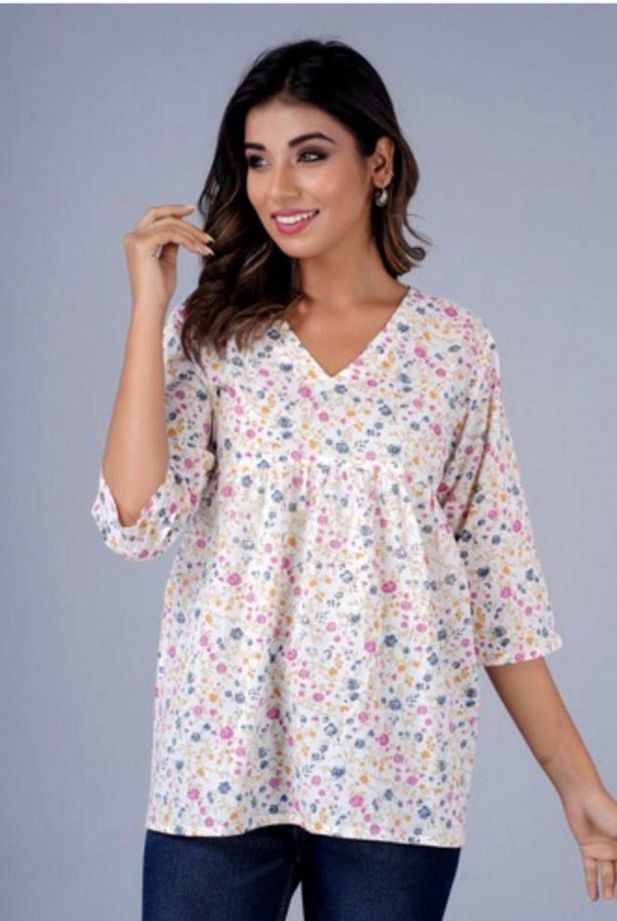 Women’s White Multicolor Floral Printed Peplum Top – Soft Cotton Top with 3/4 Sleeves Akrish