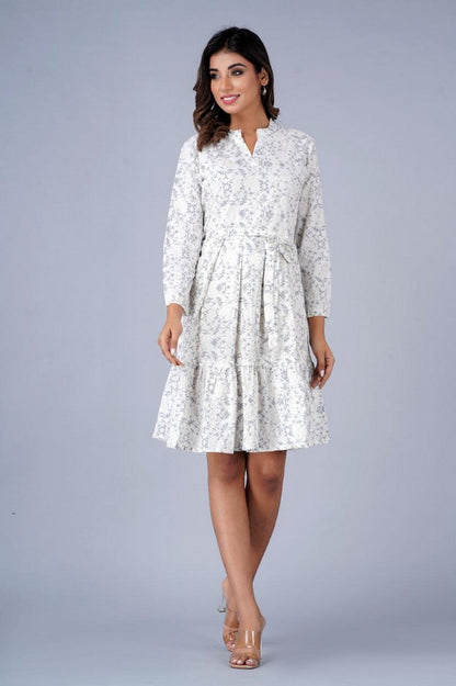 Women’s White & Grey Floral Printed A-Line Fit & Flare Dress with Waist Belt – Cotton Midi Dress Akrish