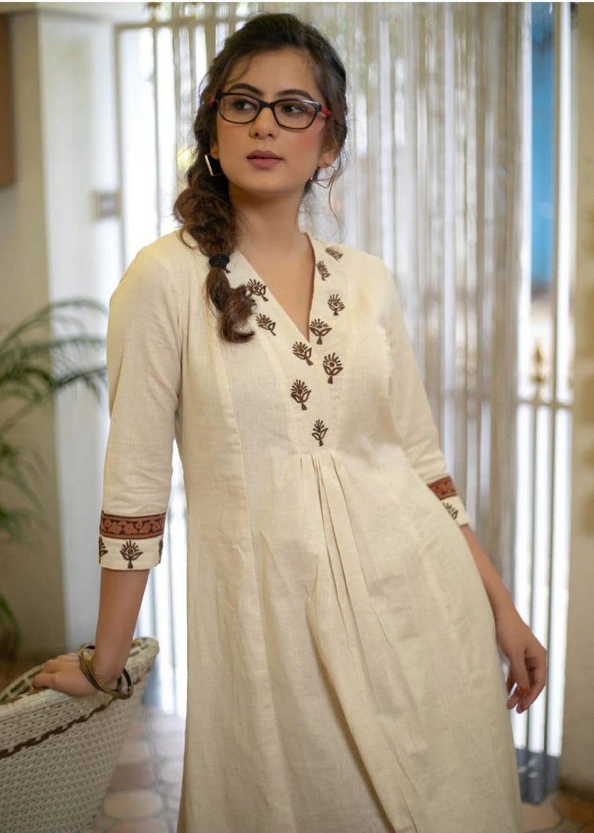 Women’s Cream A-Line Kurta with Printed Palazzo Set | Elegant Ethnic Daily Wear | Soft Cotton Blend Akrish