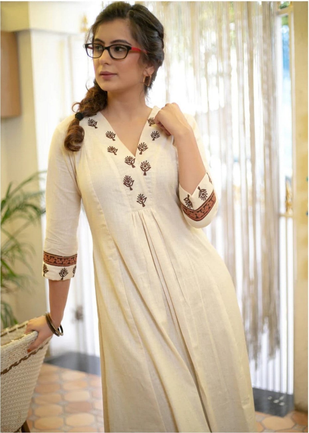 Women’s Cream A-Line Kurta with Printed Palazzo Set | Elegant Ethnic Daily Wear | Soft Cotton Blend Akrish