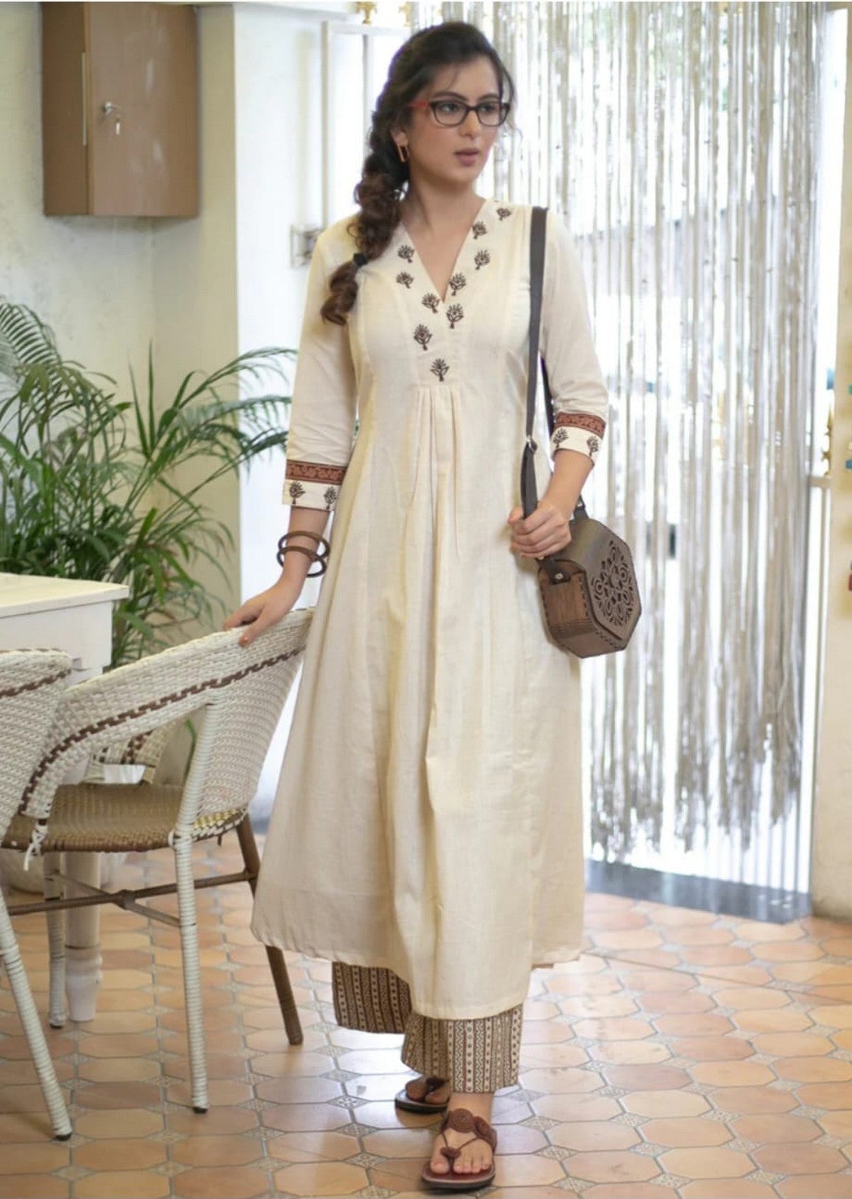 Women’s Cream A-Line Kurta with Printed Palazzo Set | Elegant Ethnic Daily Wear | Soft Cotton Blend Akrish