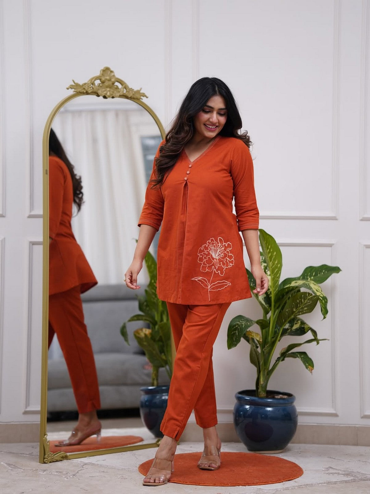 Women’s Rust Orange A-Line Kurti Set – V-Neck Short Kurta with Floral Embroidery & Matching Pants Akrish
