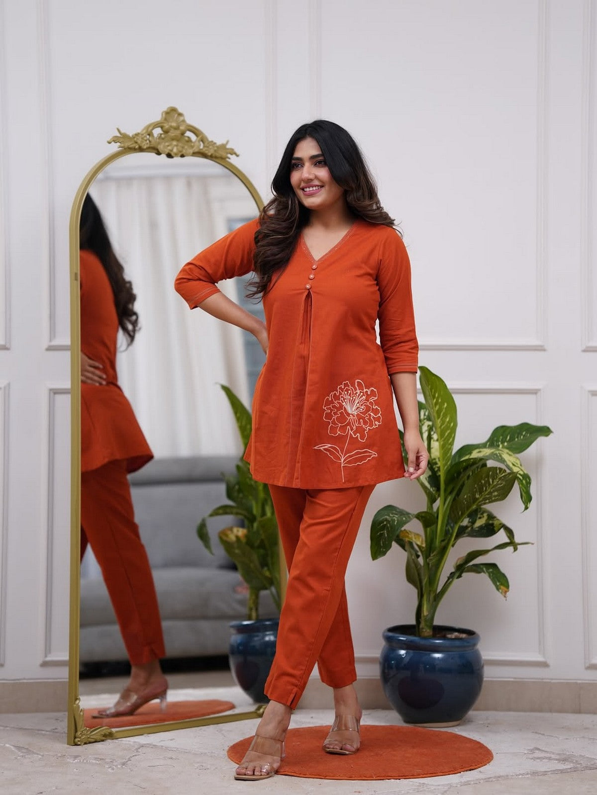 Women’s Rust Orange A-Line Kurti Set – V-Neck Short Kurta with Floral Embroidery & Matching Pants Akrish