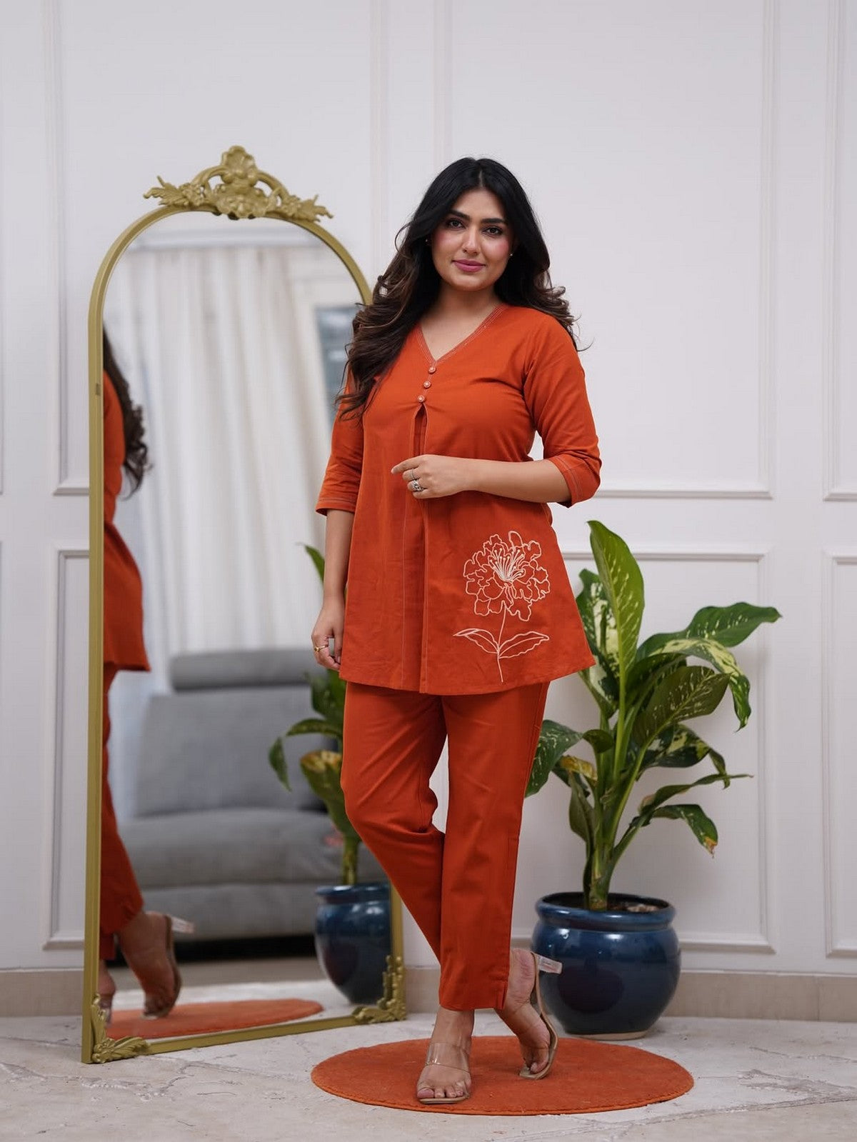 Women’s Rust Orange A-Line Kurti Set – V-Neck Short Kurta with Floral Embroidery & Matching Pants Akrish