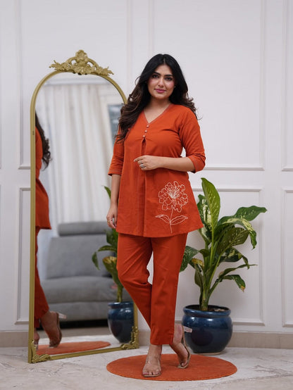Women’s Rust Orange A-Line Kurti Set – V-Neck Short Kurta with Floral Embroidery & Matching Pants Akrish