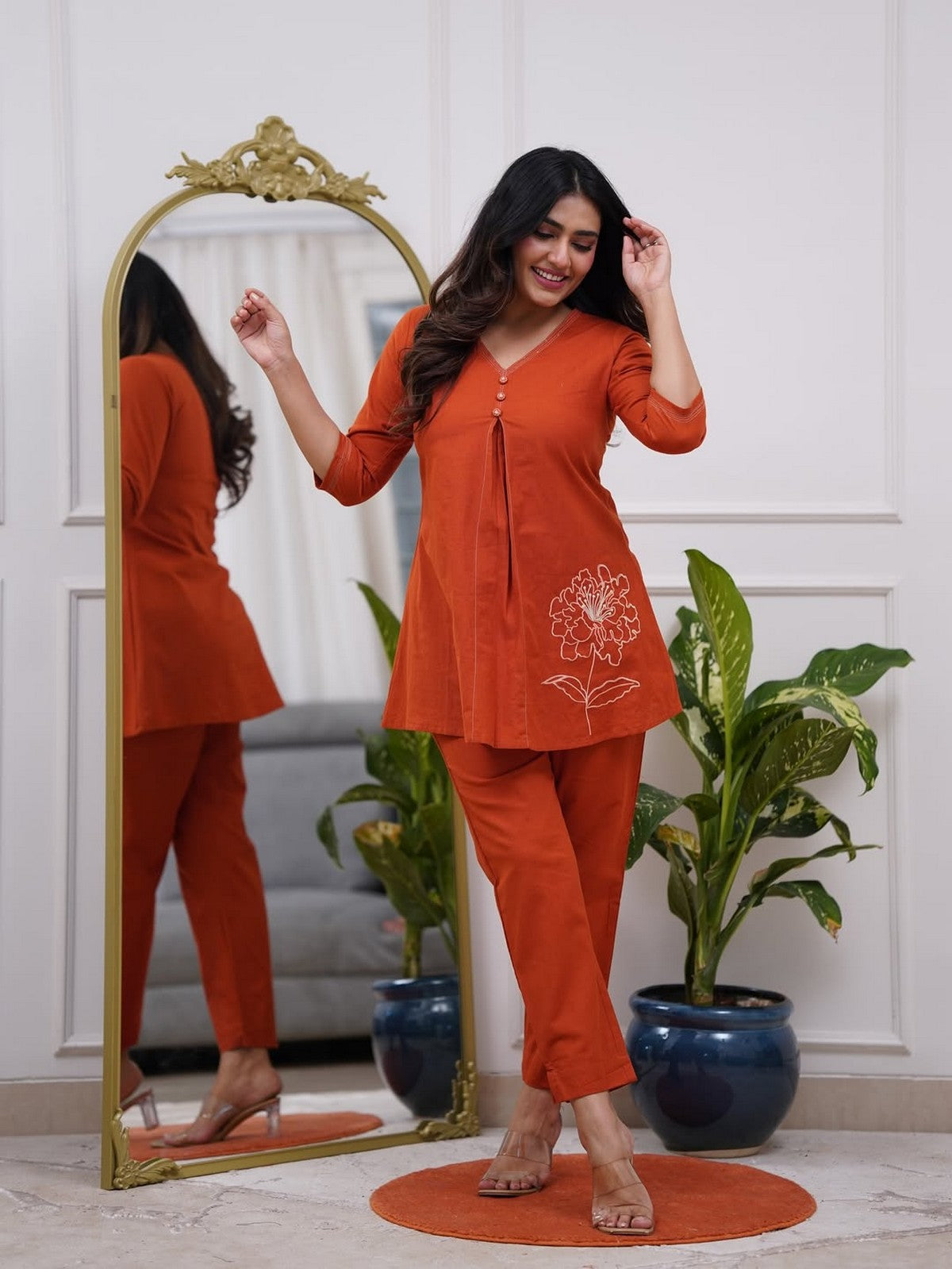 Women’s Rust Orange A-Line Kurti Set – V-Neck Short Kurta with Floral Embroidery & Matching Pants Akrish