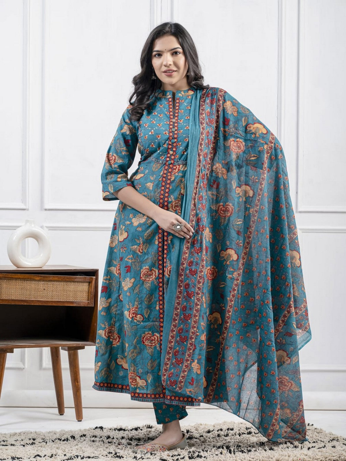 Women’s Teal Blue Floral Printed Kurti Set with Dupatta – Elegant Straight Kurta, Pants & Matching Dupatta Akrish