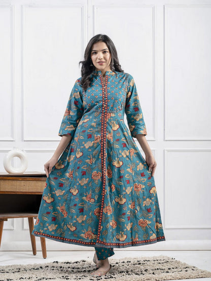 Women’s Teal Blue Floral Printed Kurti Set with Dupatta – Elegant Straight Kurta, Pants & Matching Dupatta Akrish