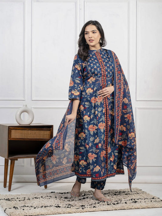Women’s Blue Floral Printed Kurti Set with Dupatta – Elegant Straight Kurta, Pants & Matching Dupatta Akrish