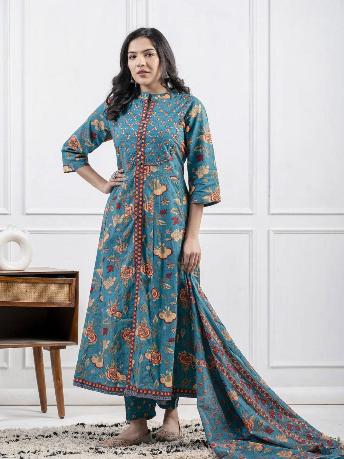 Women’s Teal Blue Floral Printed Kurti Set with Dupatta – Elegant Straight Kurta, Pants & Matching Dupatta Akrish